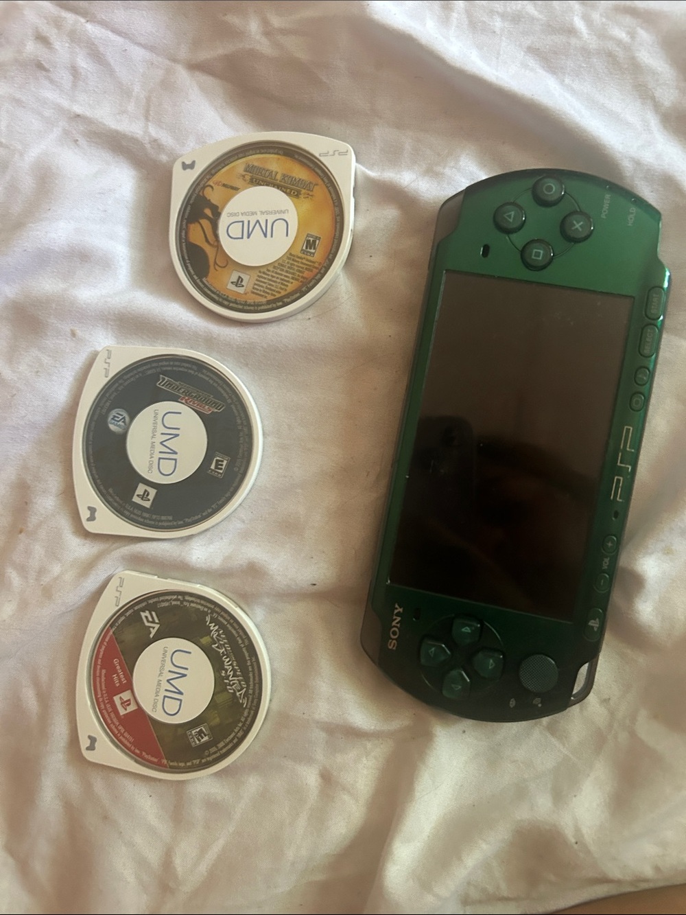 Sony Green PSP-1000 Handheld Console with 3 UMD Games